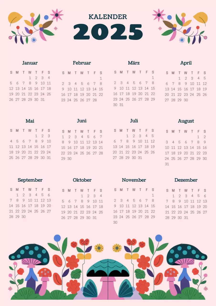 Kitschiger Pilzkalender in Marineblau und Rosa