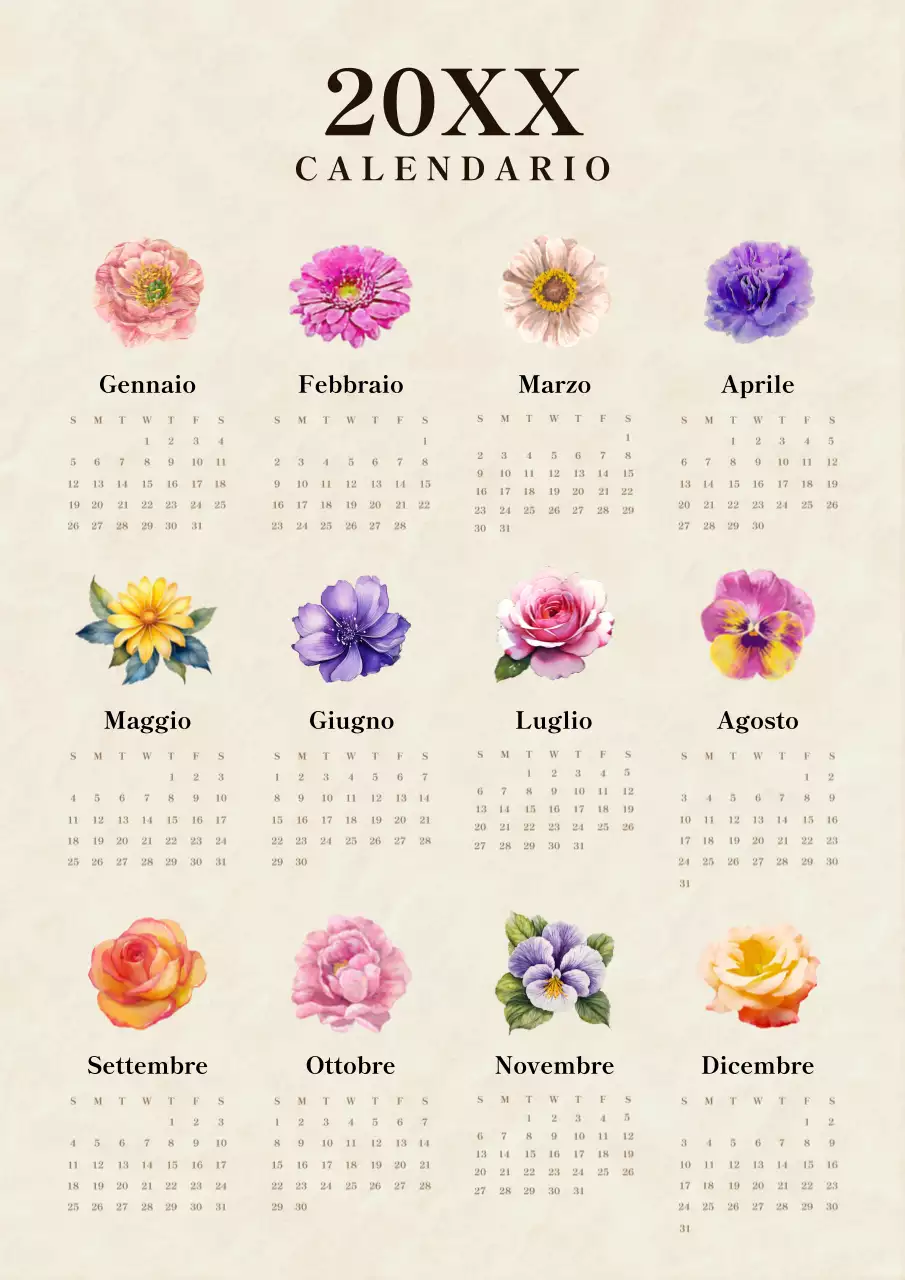 Calendario floreale stagionale vintage in beige e nero
