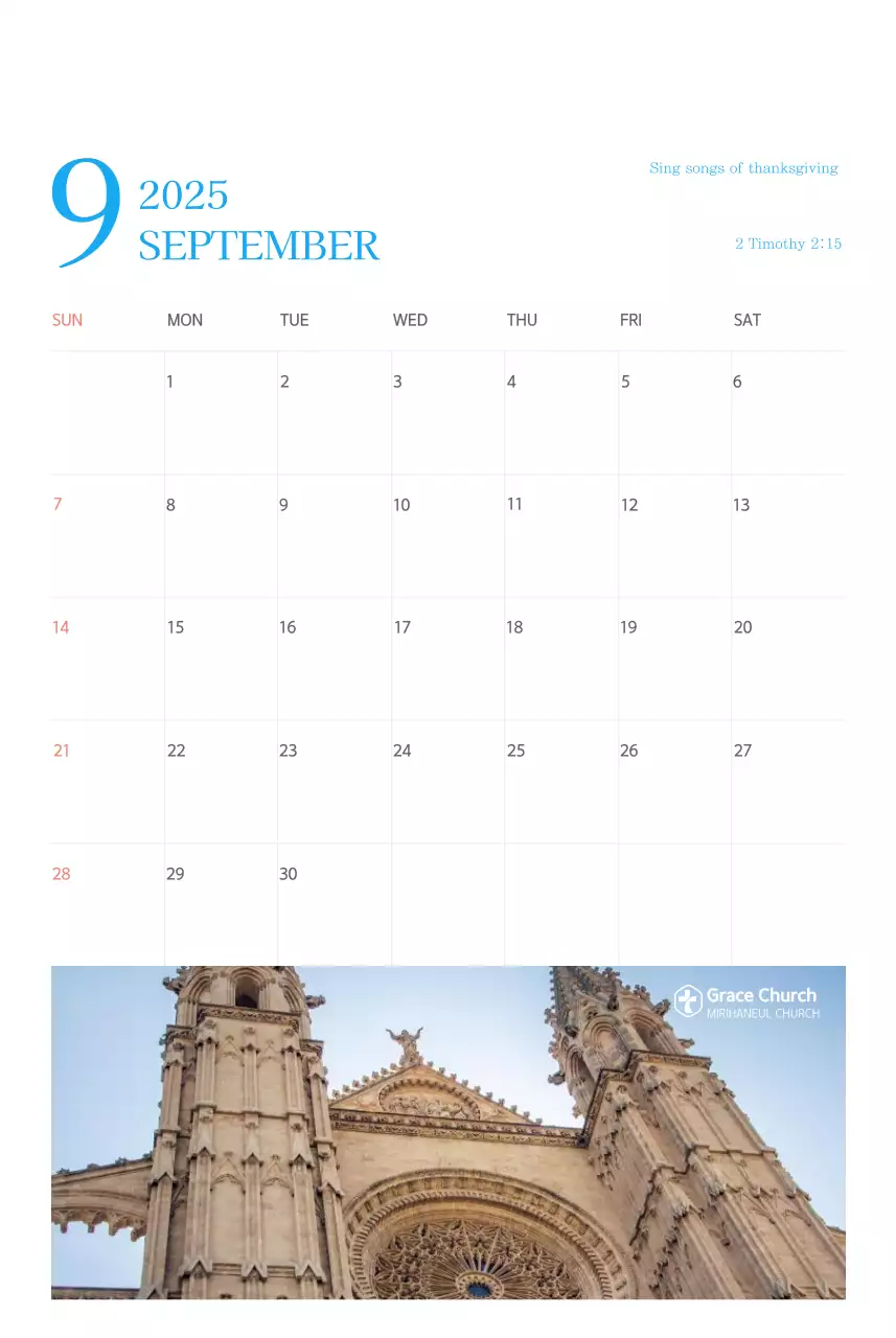 Kalender gereja berkonsep modern berwarna biru