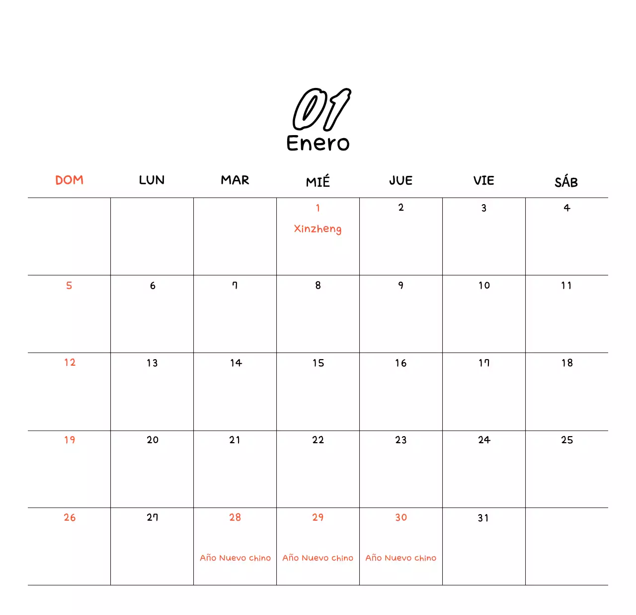 Calendario de Año Nuevo acogedor y blanco