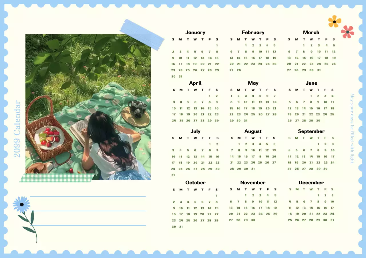 Calendário de um ano em azul claro