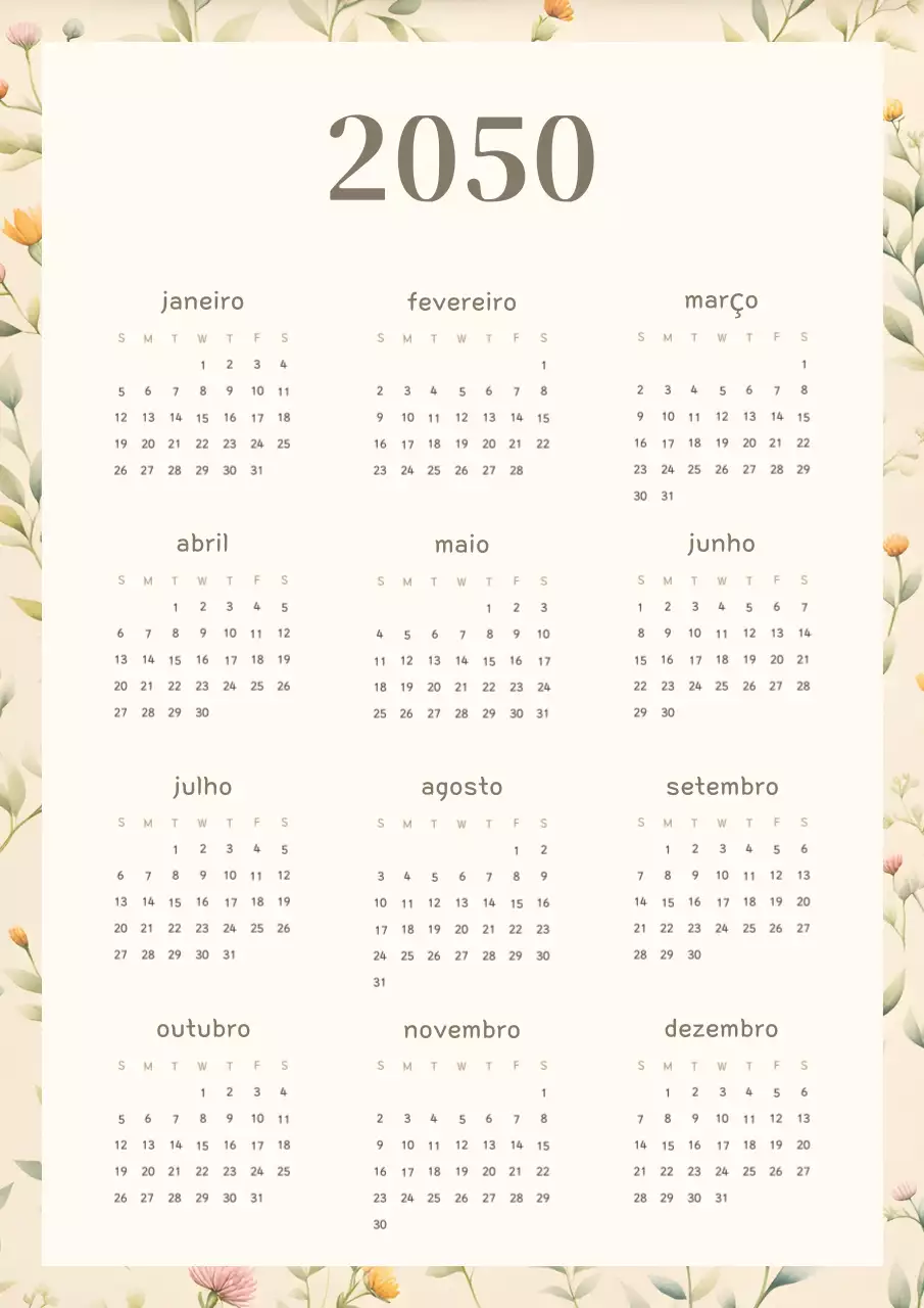 Calendário floral elegante em amarelo e bege