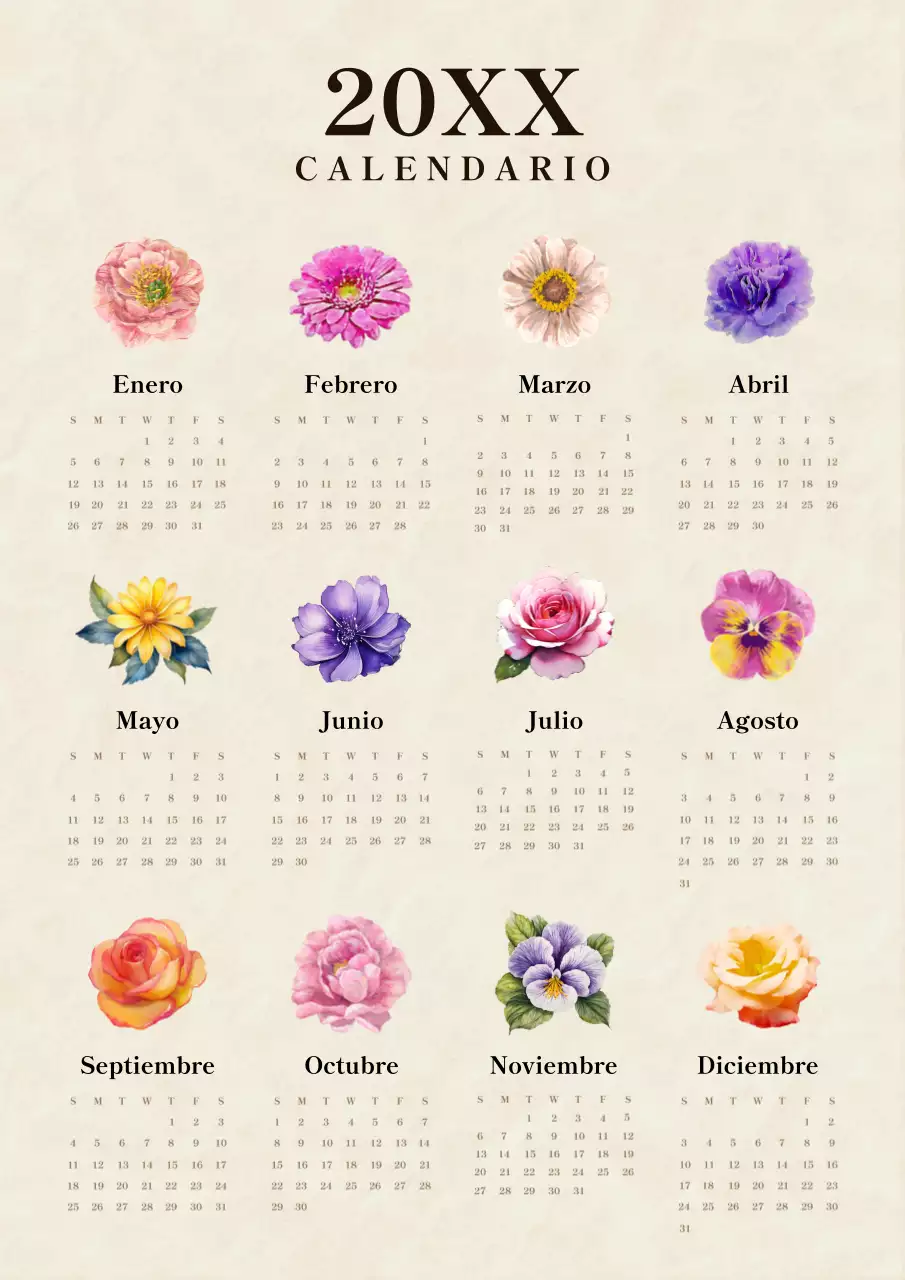 Calendario vintage de flores de temporada en beige y negro
