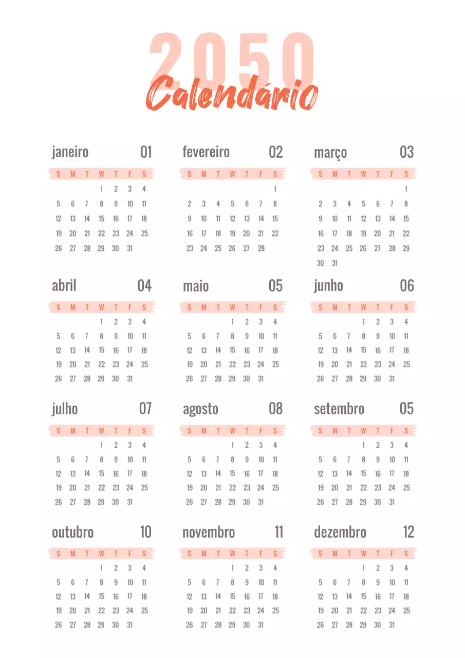 Calendário simples escrito à mão em vermelho e preto
