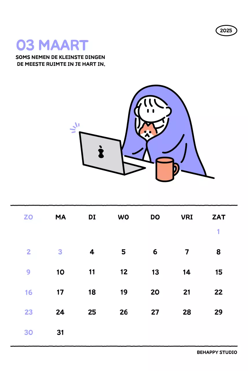 Geïllustreerde kalender met een mooie lijnstijl