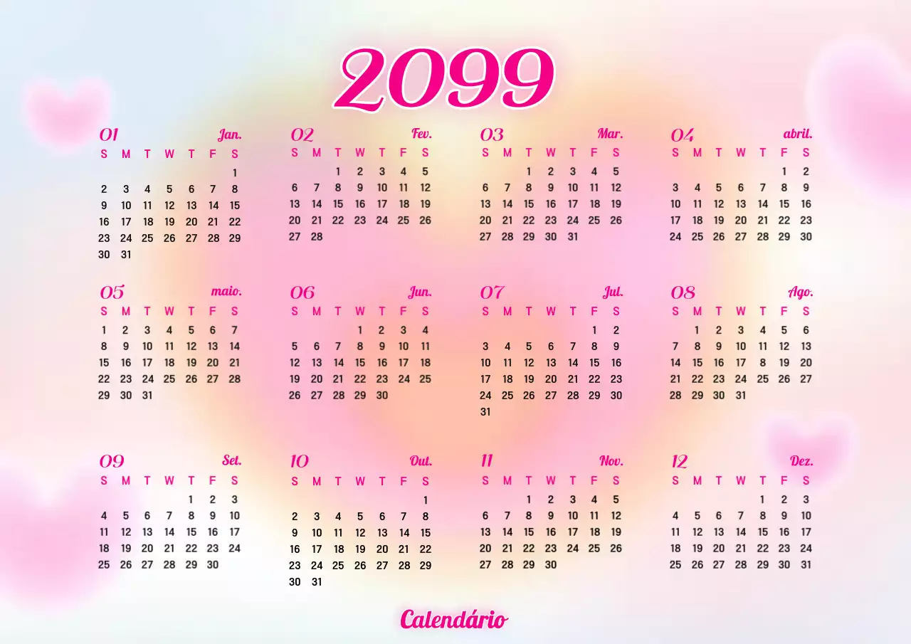 Calendário cor-de-rosa adorável plano anual