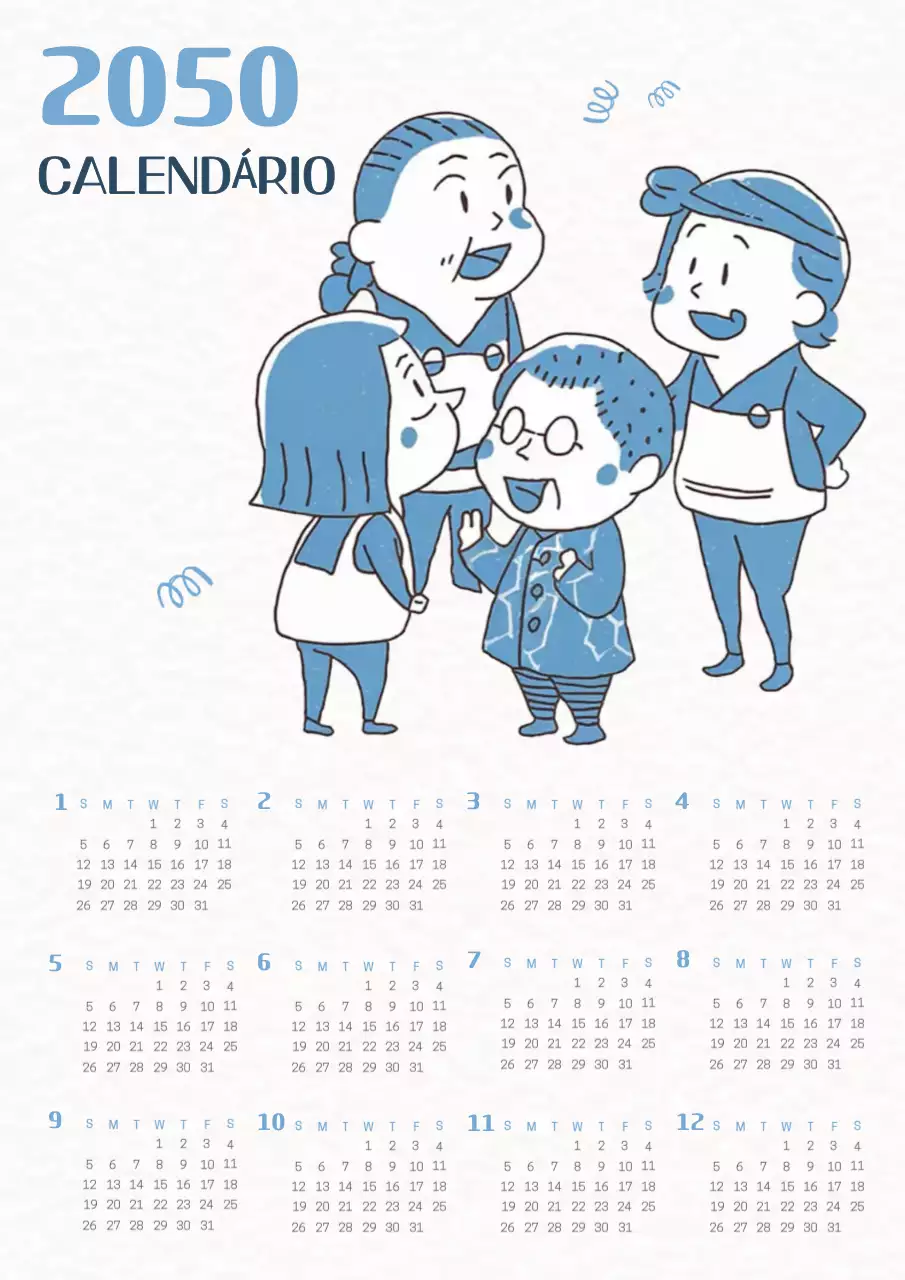 Calendário de personagens kitsch em azul e marfim