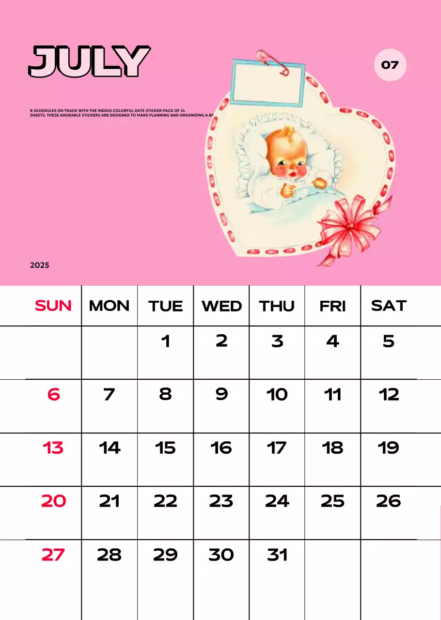 Kalender penuh warna dengan berbagai ilustrasi retro
