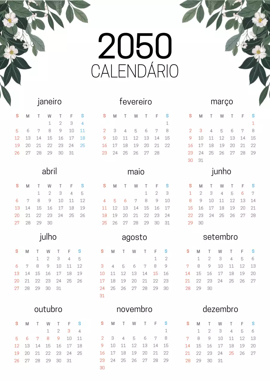 Calendário botânico simples em verde e branco