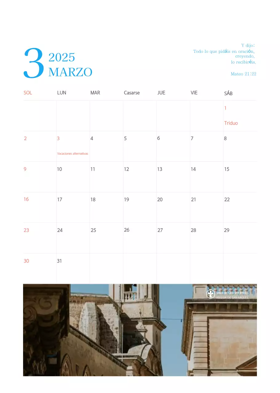 Calendario eclesiástico azul de concepto moderno