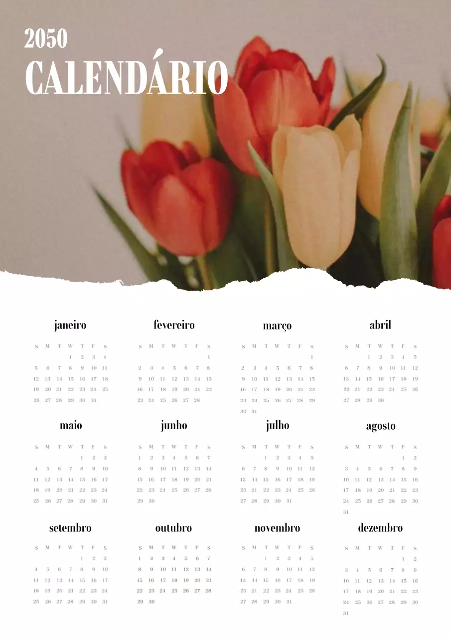 Calendário floral elegante em vermelho e branco
