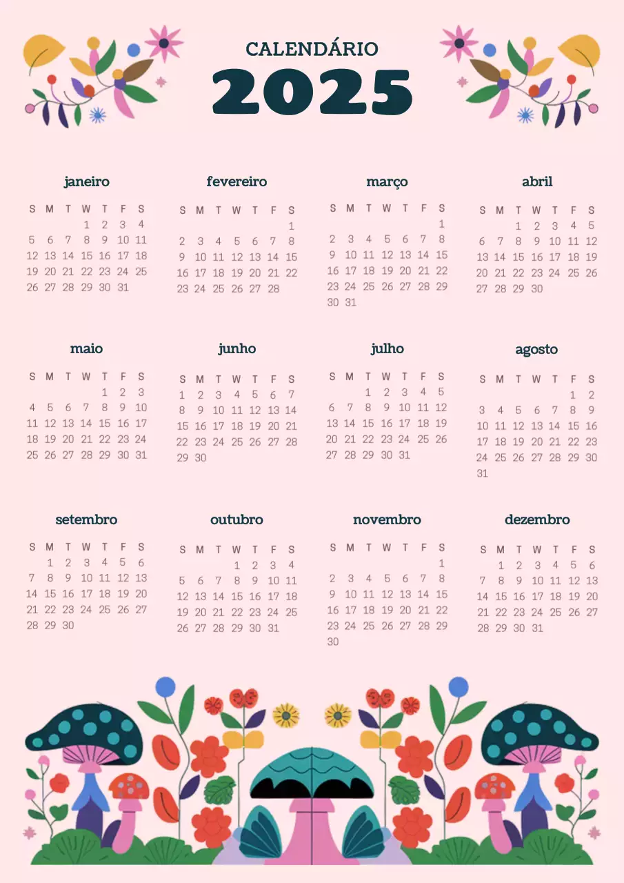 Calendário de cogumelos com estilo, em azul-marinho e cor-de-rosa
