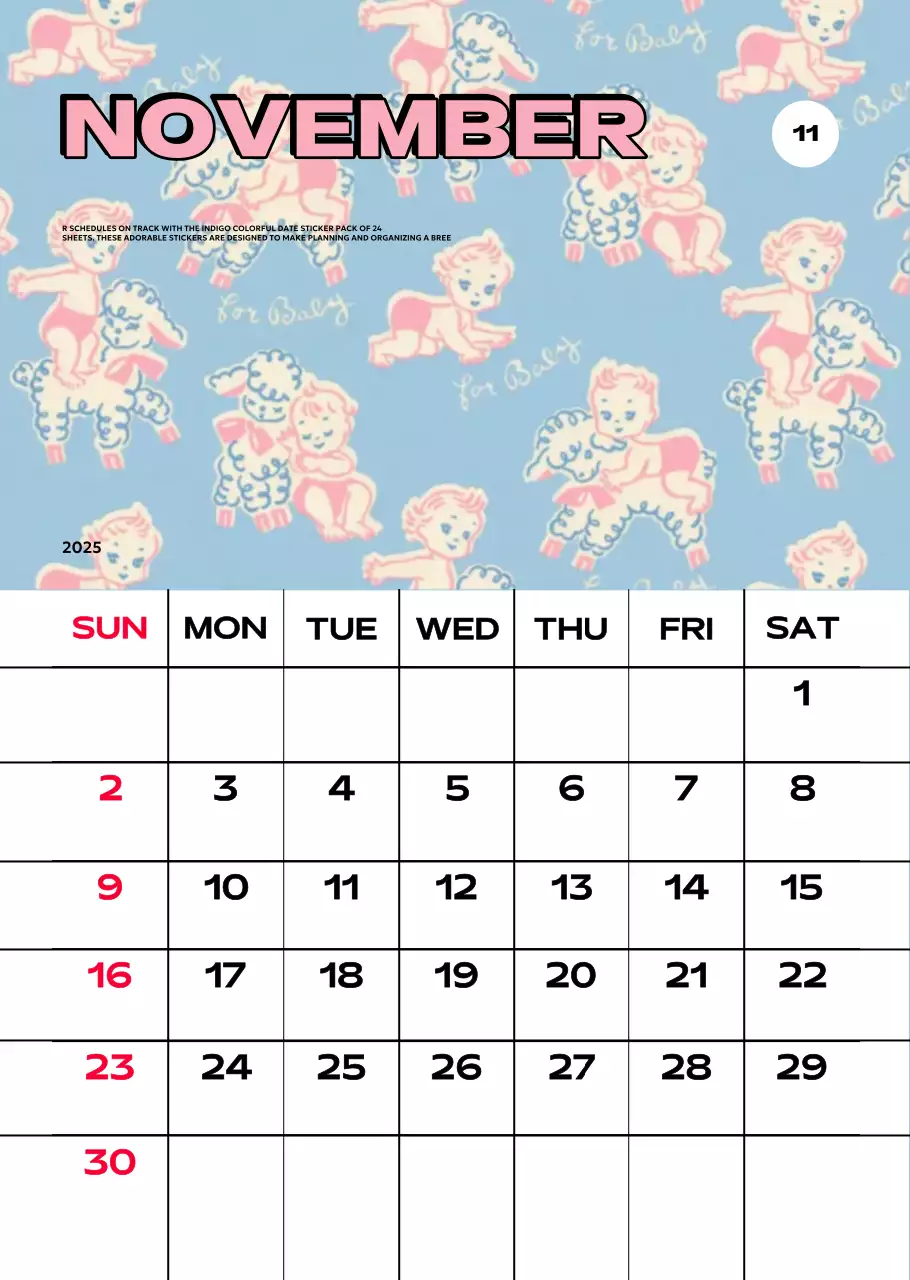 Kalender penuh warna dengan berbagai ilustrasi retro