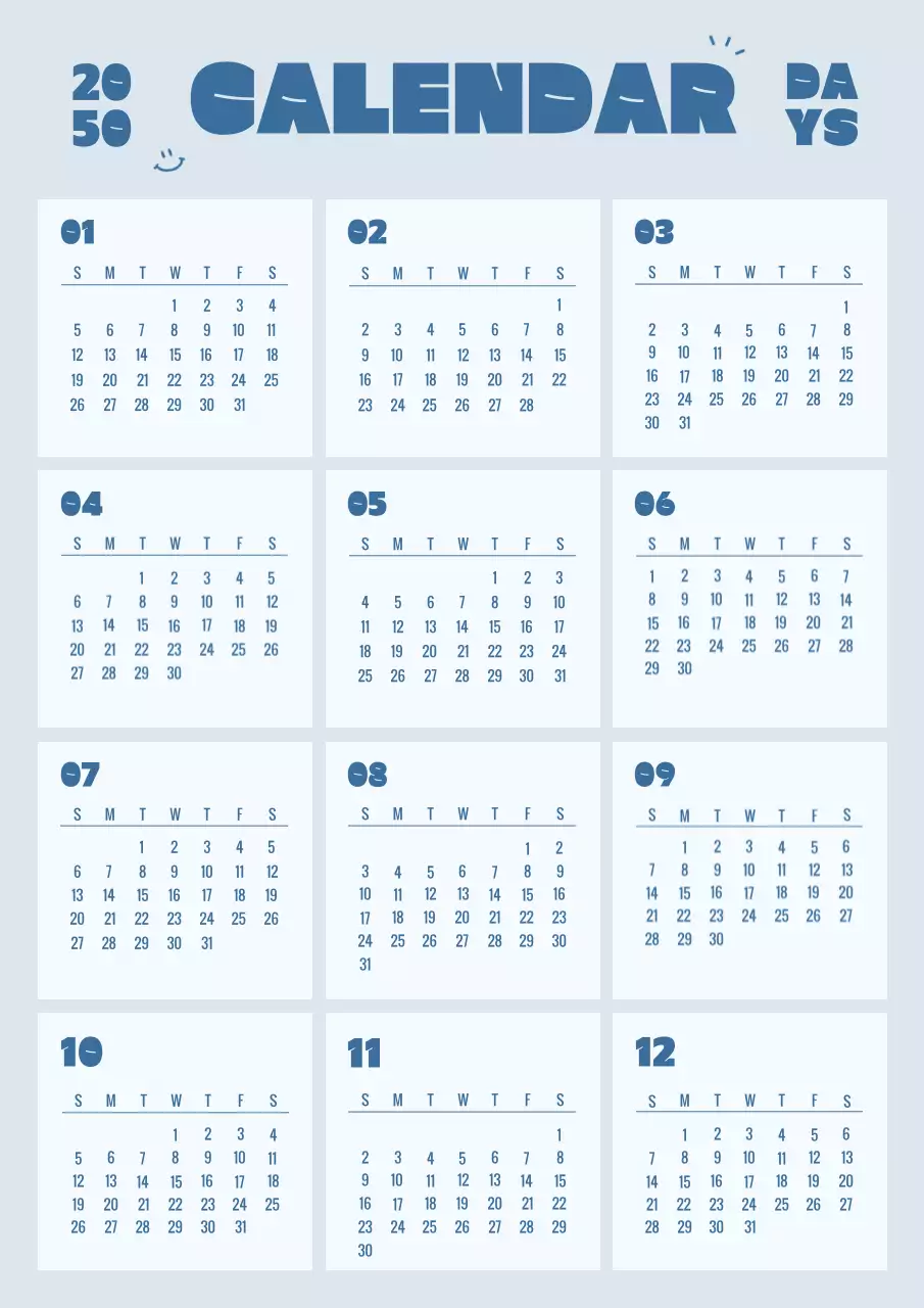 Calendrier carré simple en bleu et bleu clair