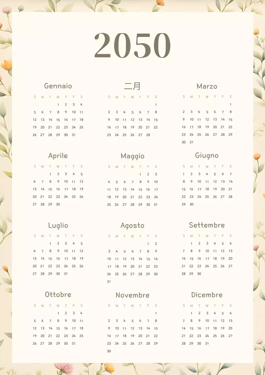 Calendario floreale ordinato in giallo e beige