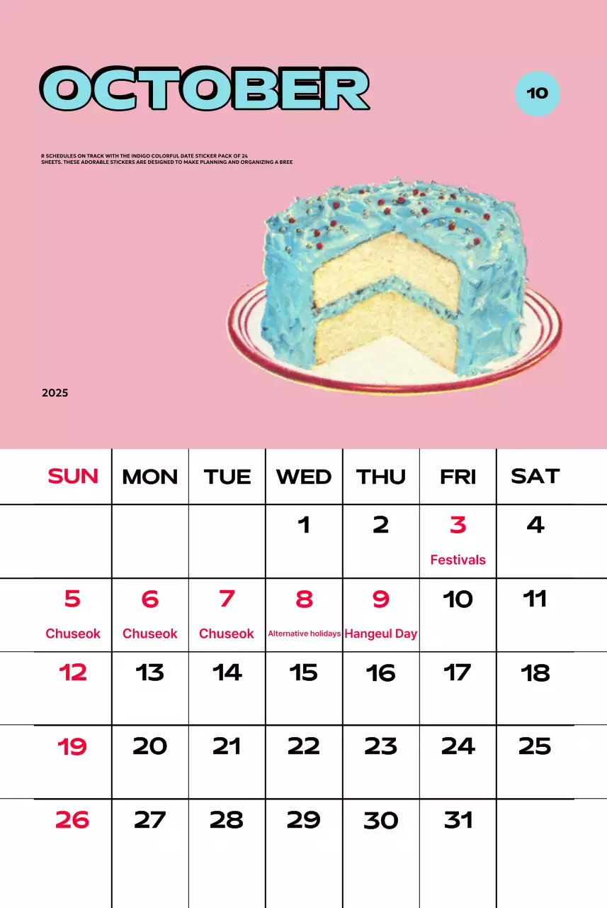 Kalender penuh warna dengan berbagai ilustrasi retro