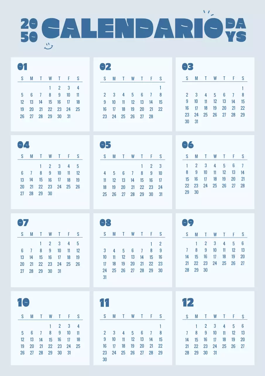 Calendario cuadrado sencillo en azul y azul claro