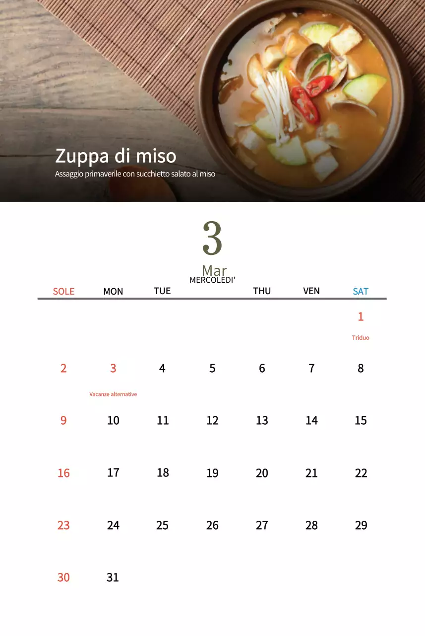 Calendario del ristorante coreano tradizionale in beige