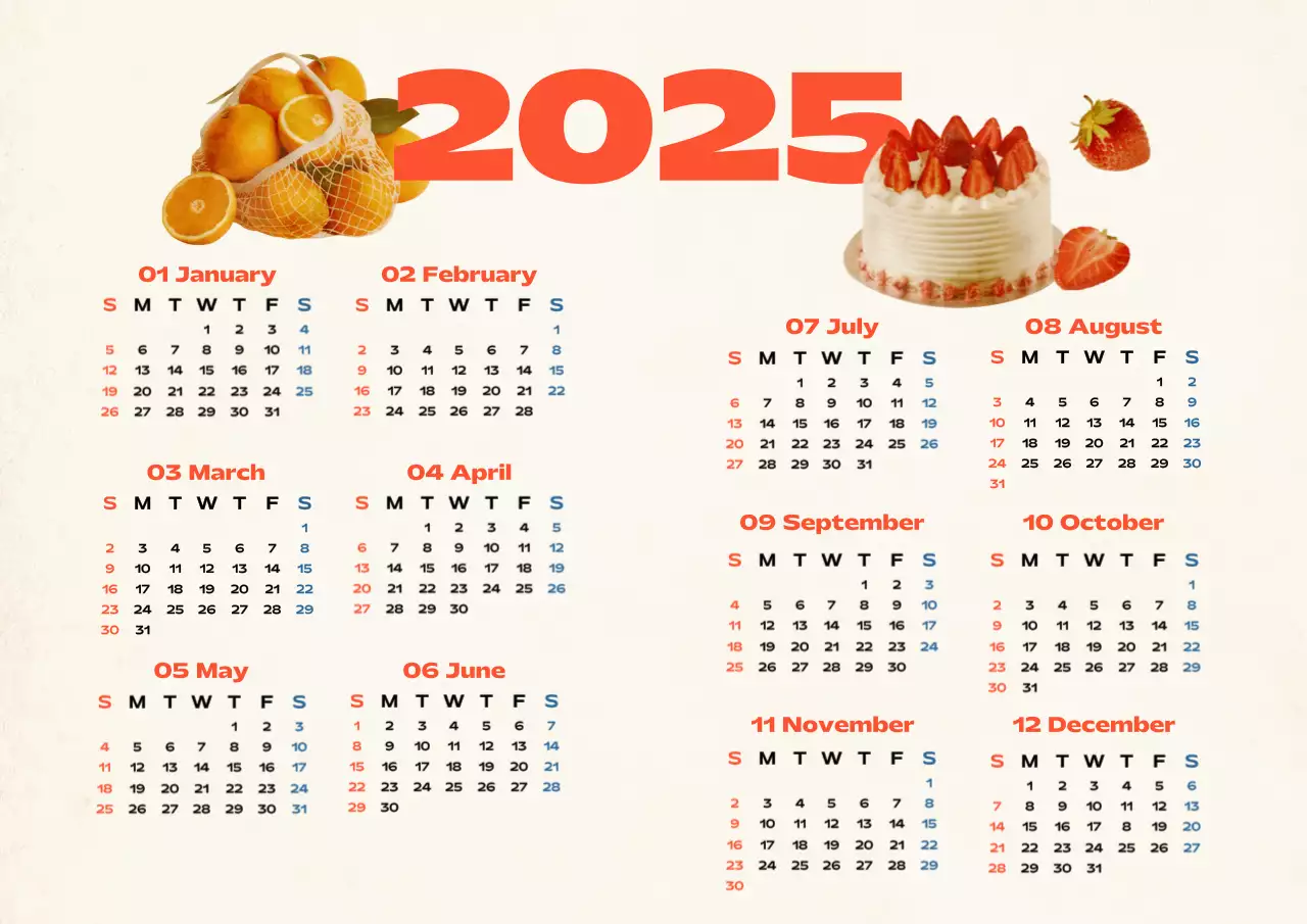 베이지와 빨강의 빈티지 음식 1년 달력