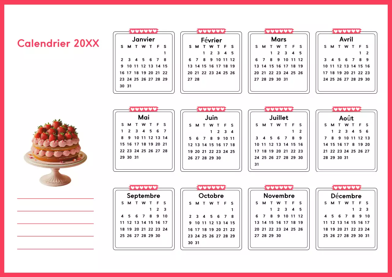 Calendrier rose simple et épuré d'une année