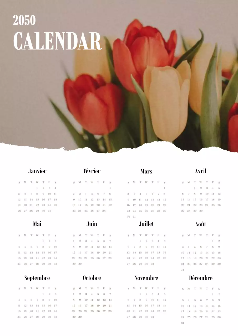 Calendrier floral élégant en rouge et blanc