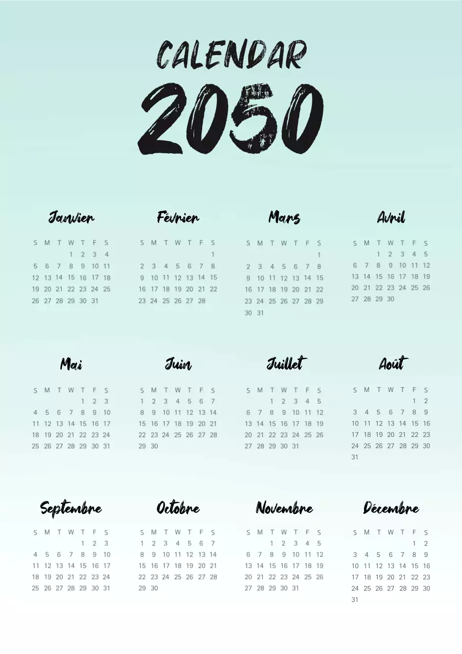 Calendrier simple écrit à la main en menthe et noir