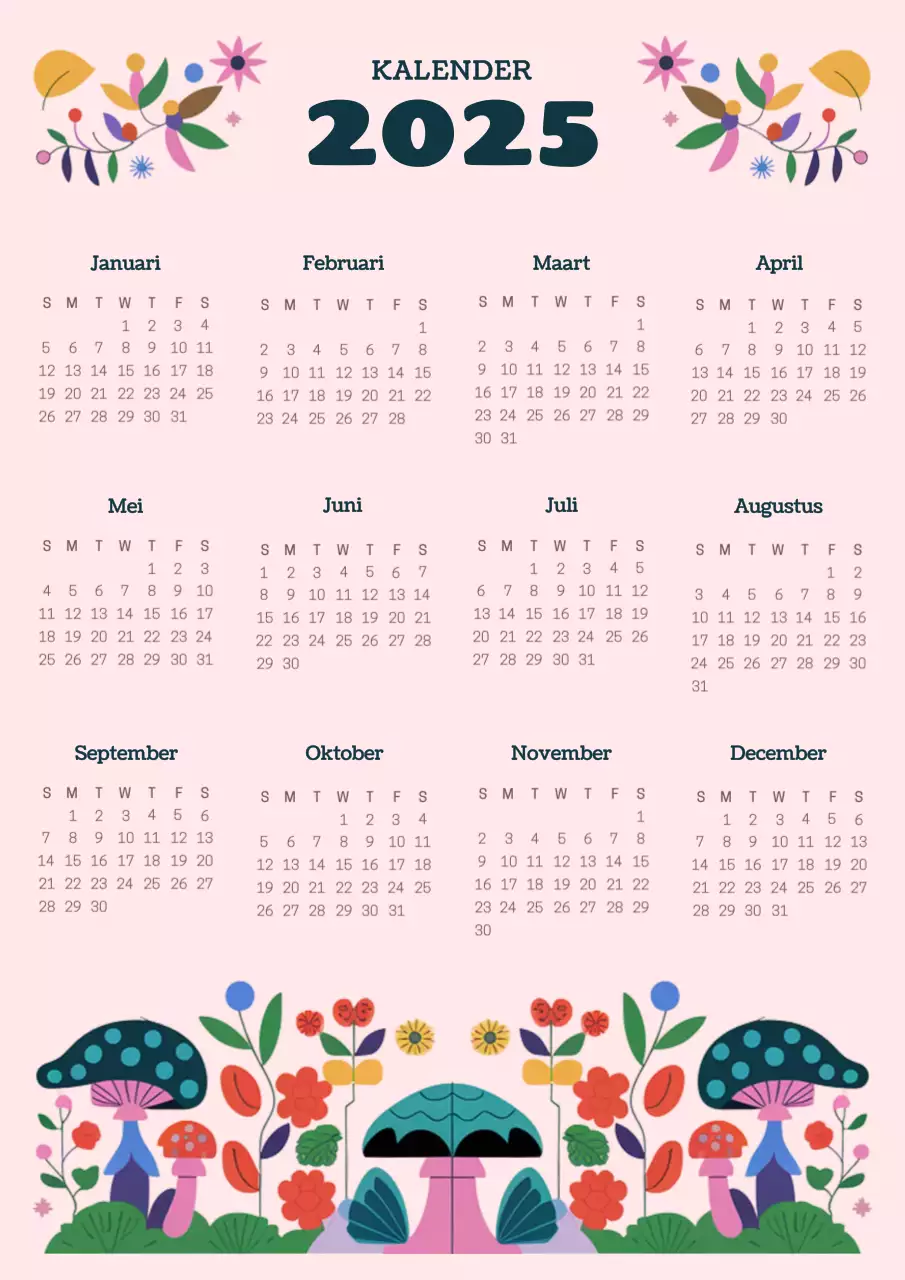 Kitscherige paddenstoelenkalender in marineblauw en roze