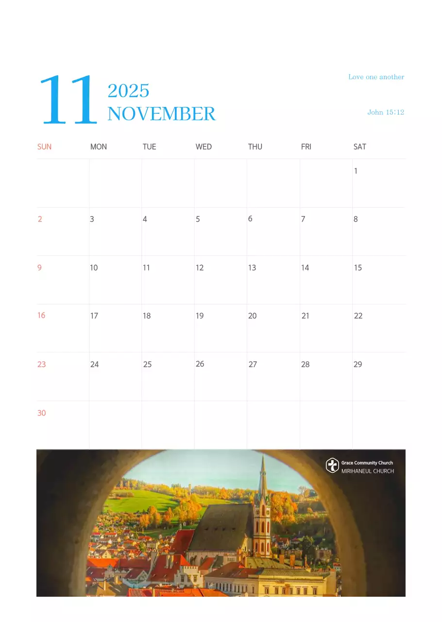 Kalender gereja berkonsep modern berwarna biru
