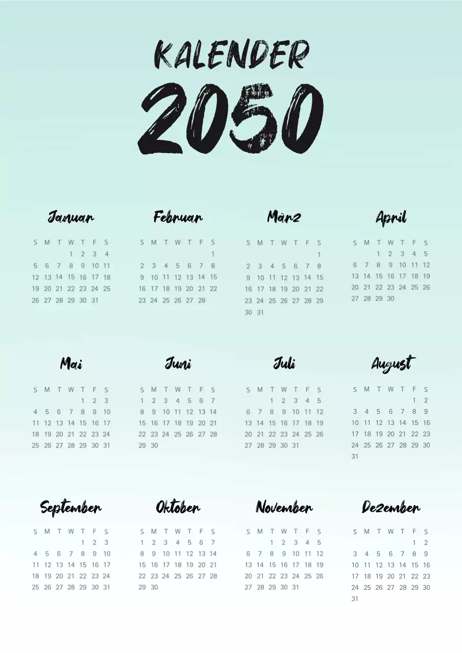 Einfacher handgeschriebener Kalender in mint und schwarz