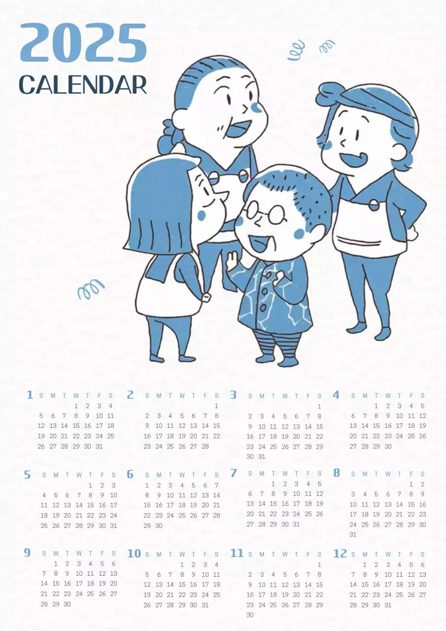 파랑과 아이보리색의 키치한 캐릭터 달력