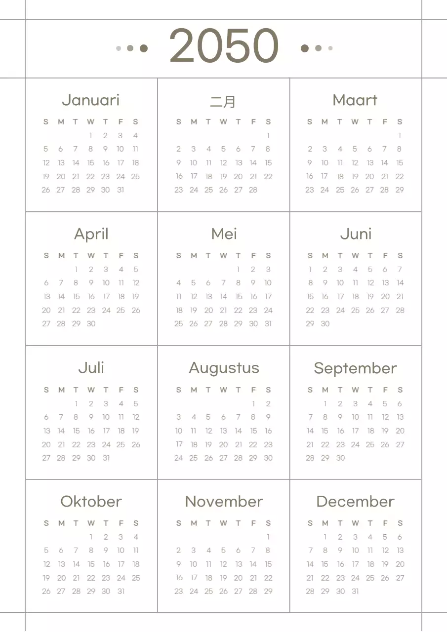Strakke rooster kalender in bruin en wit