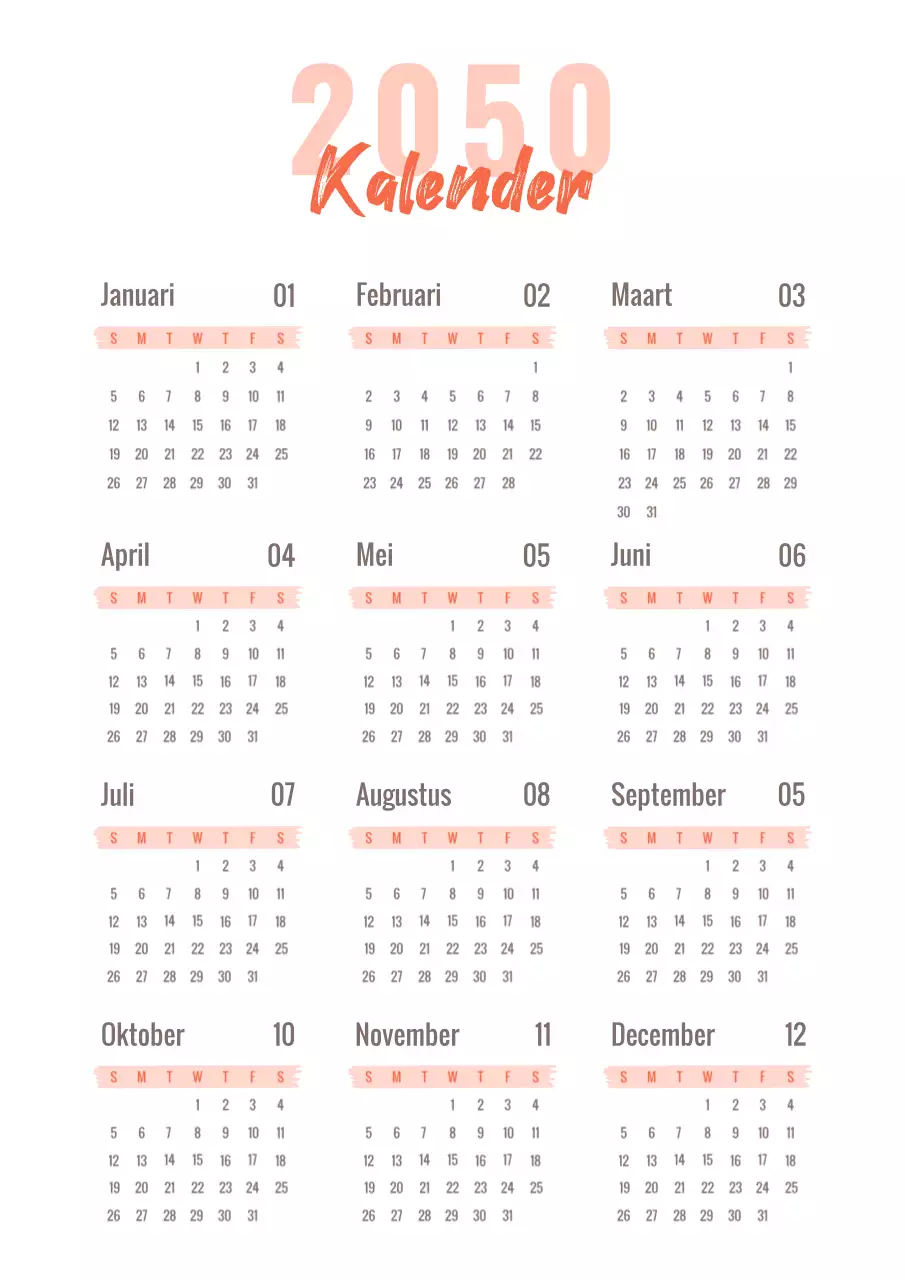 Eenvoudige handgeschreven kalender in rood en zwart