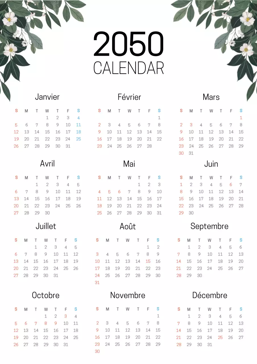 Calendrier botanique simple en vert et blanc