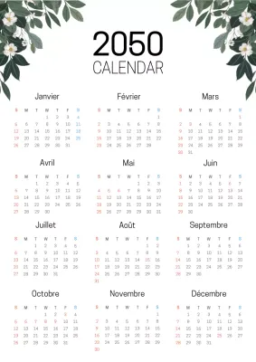 Calendrier botanique simple en vert et blanc
