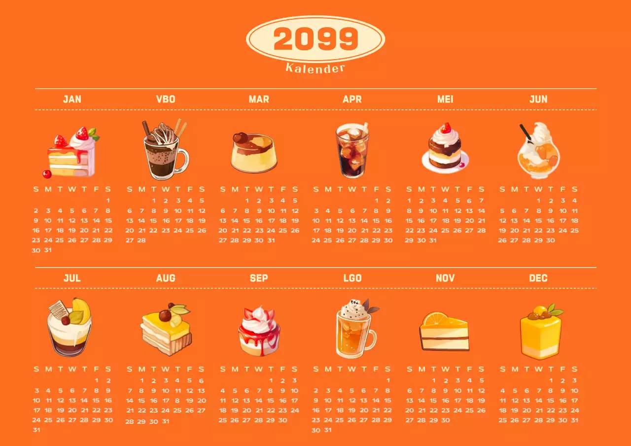 Oranje Retro Voedsel 1 Jaar Kalender