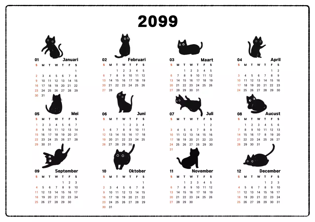 Eenvoudige dierenjaarkalender in zwart-wit