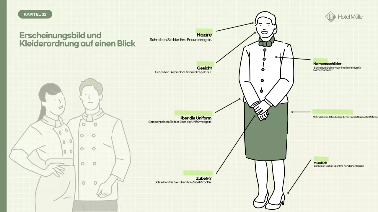Schulung des Personals in khakifarbener, sauberer und gepflegter Kleidung