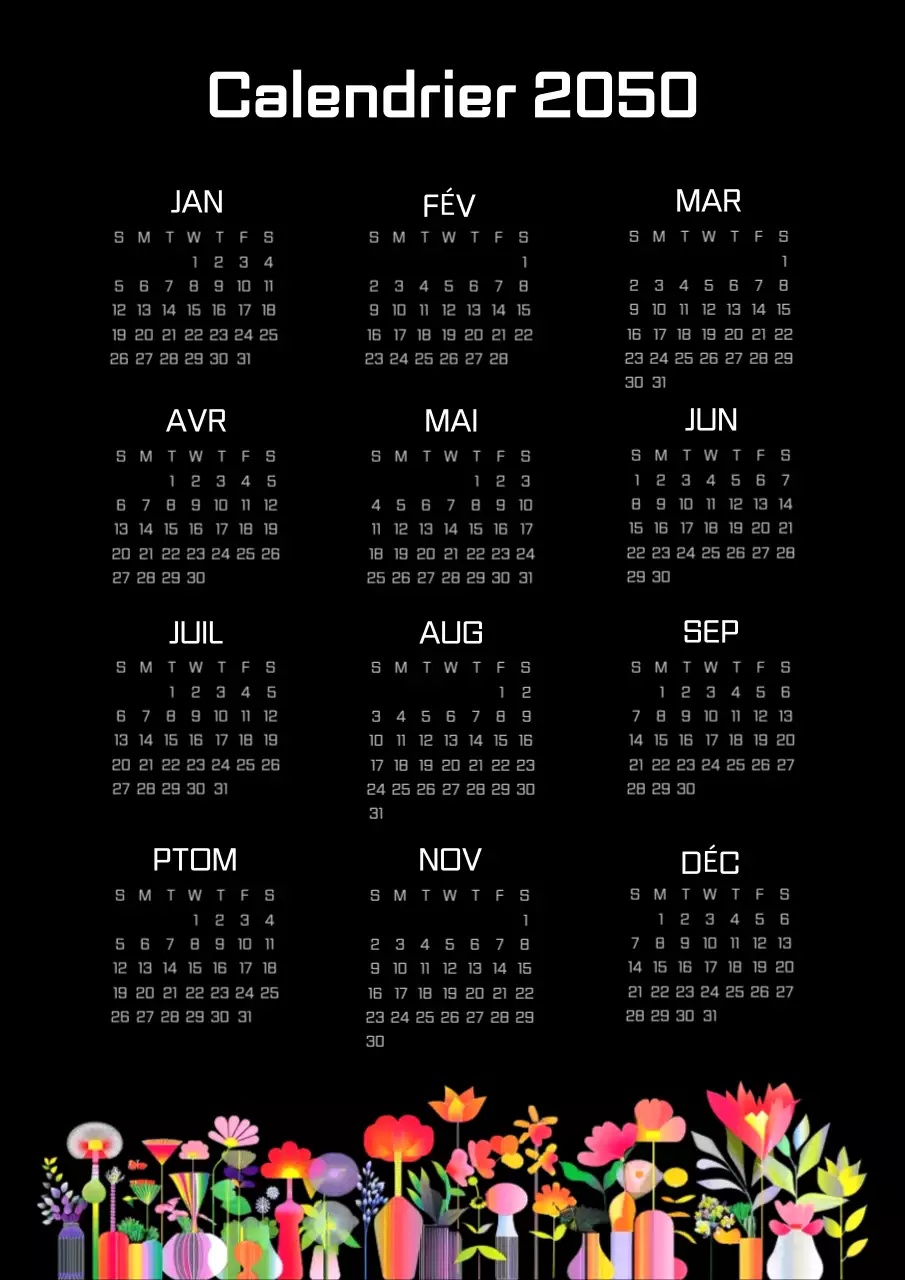 Calendrier botanique simple en noir et blanc