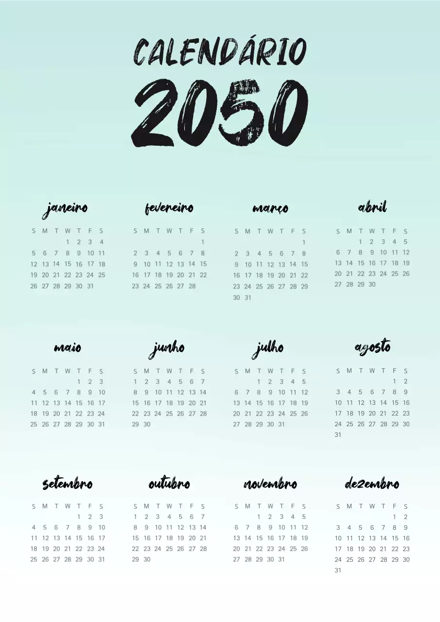 Calendário simples escrito à mão em menta e preto