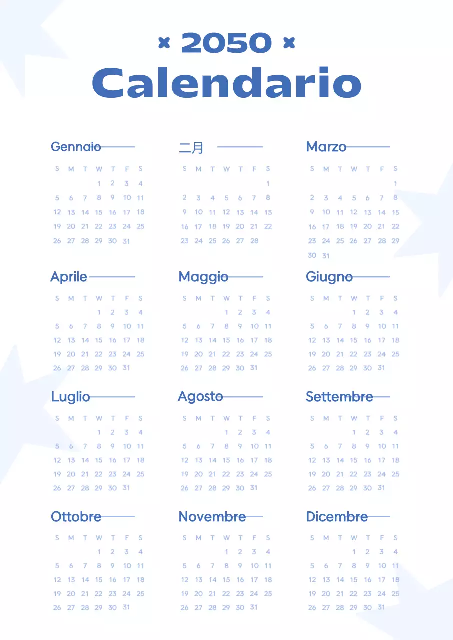 Calendario stellare kitsch in blu e azzurro