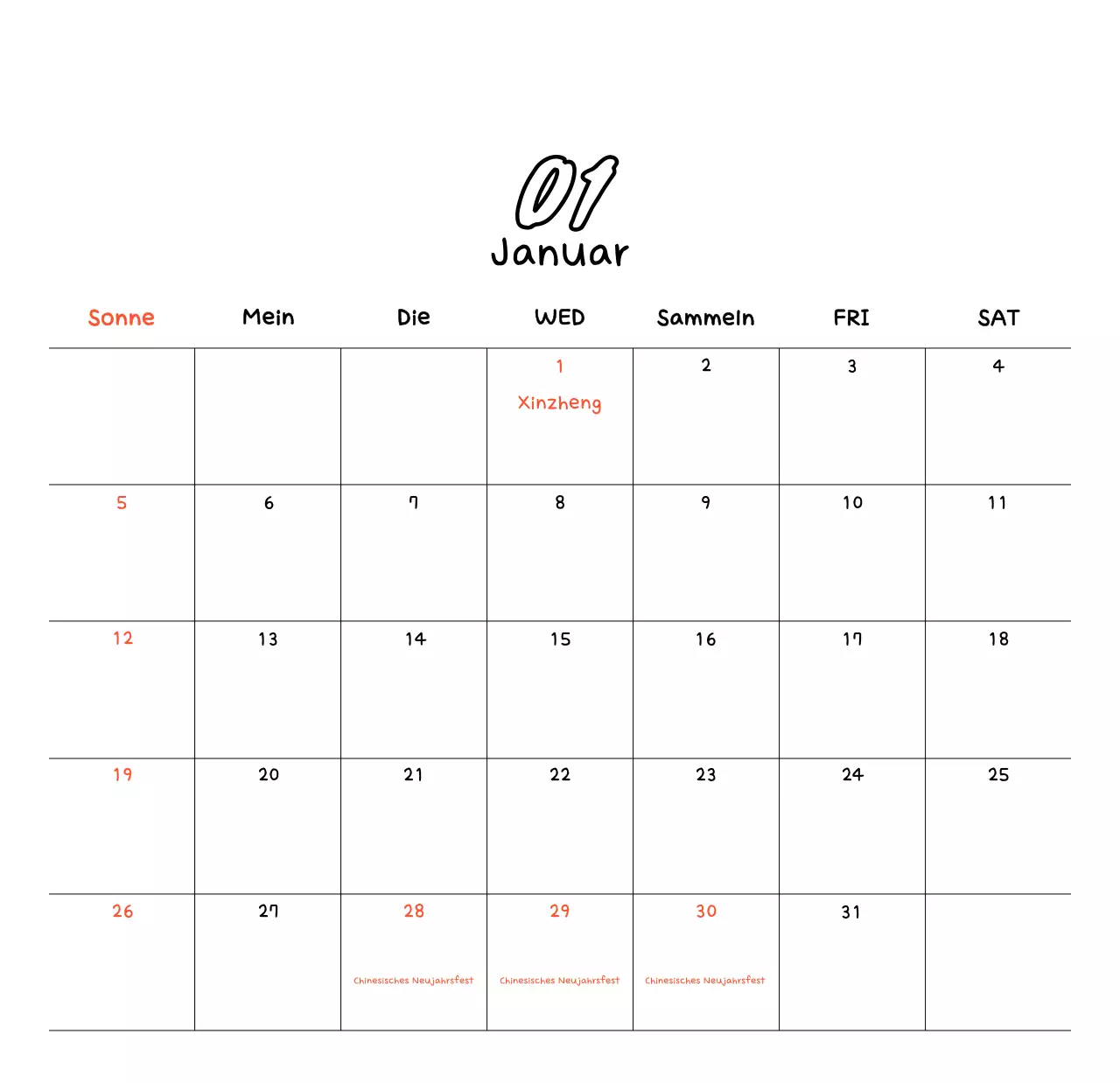 Weißer gemütlicher Neujahrskalender