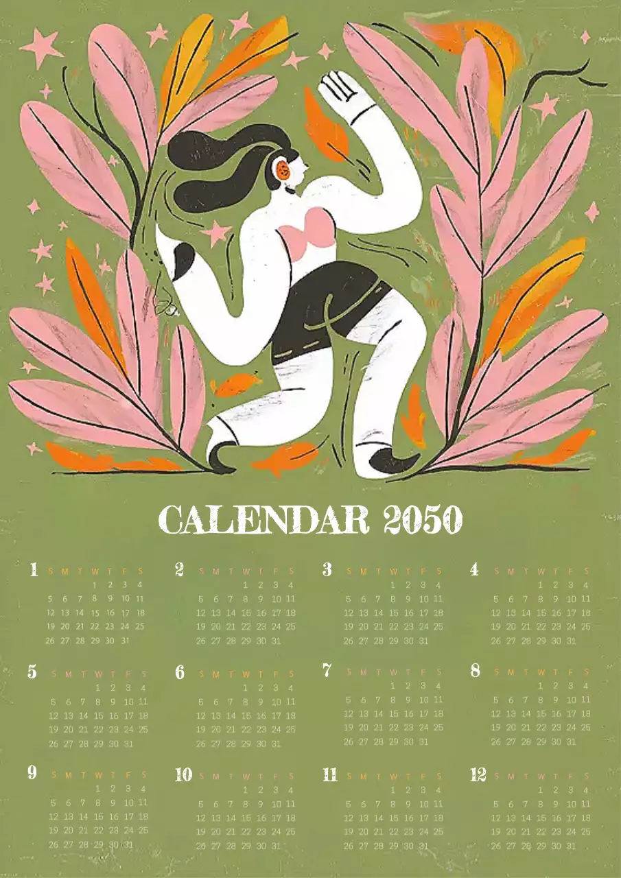 Calendário ilustrado simples em caqui e branco