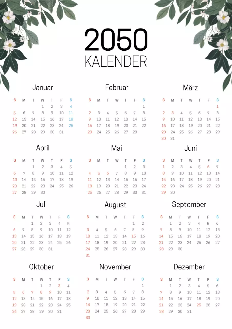 Einfacher botanischer Kalender in Grün und Weiß