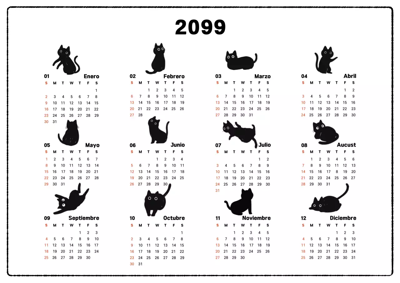 Calendario anual de animales sencillos en blanco y negro
