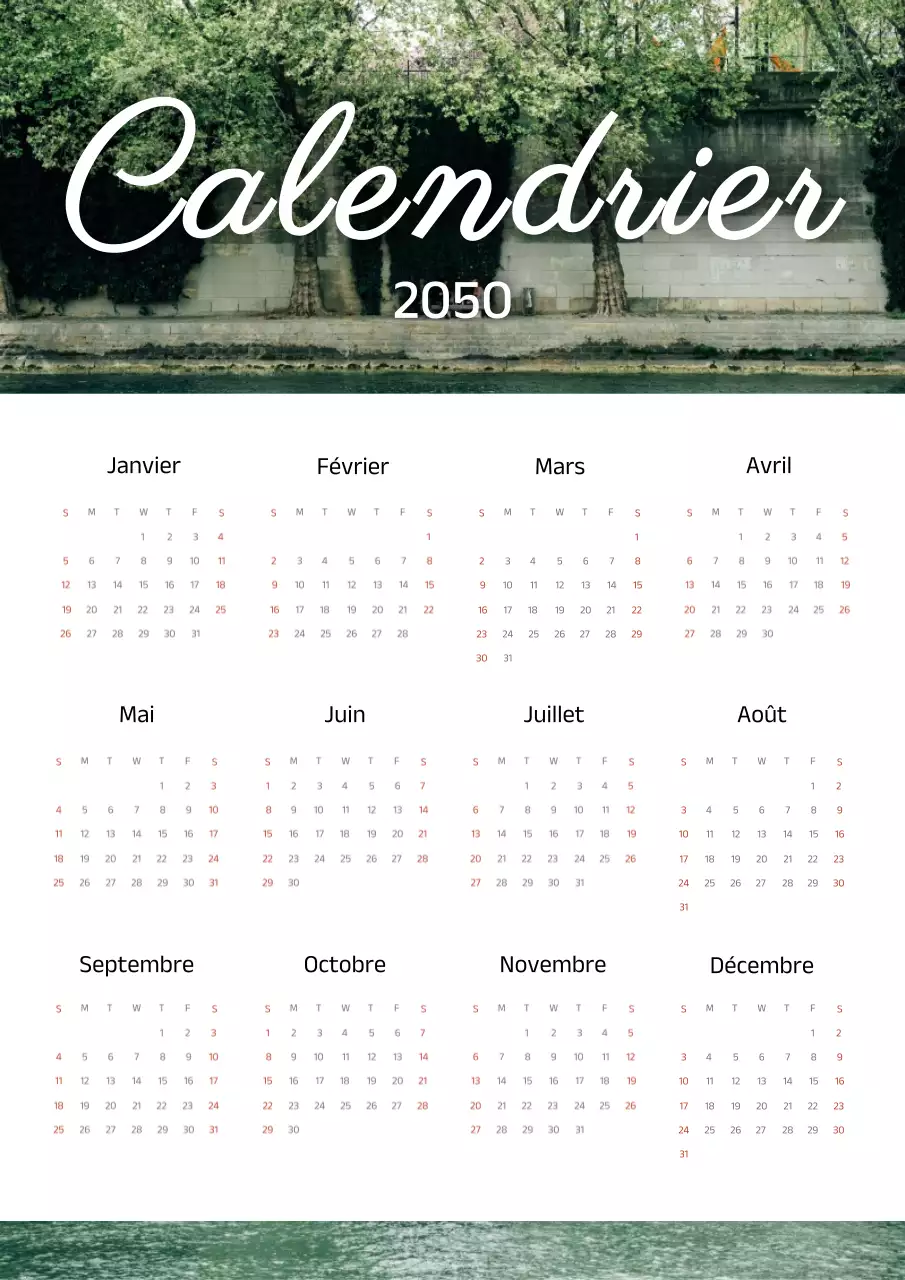 Calendrier de parc élégant en vert et blanc