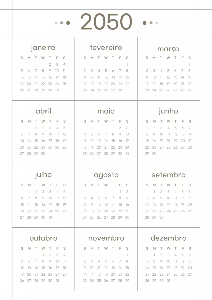 Calendário de grelha limpo em castanho e branco