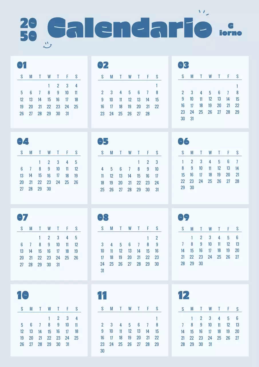 Calendario quadrato semplice in blu e azzurro