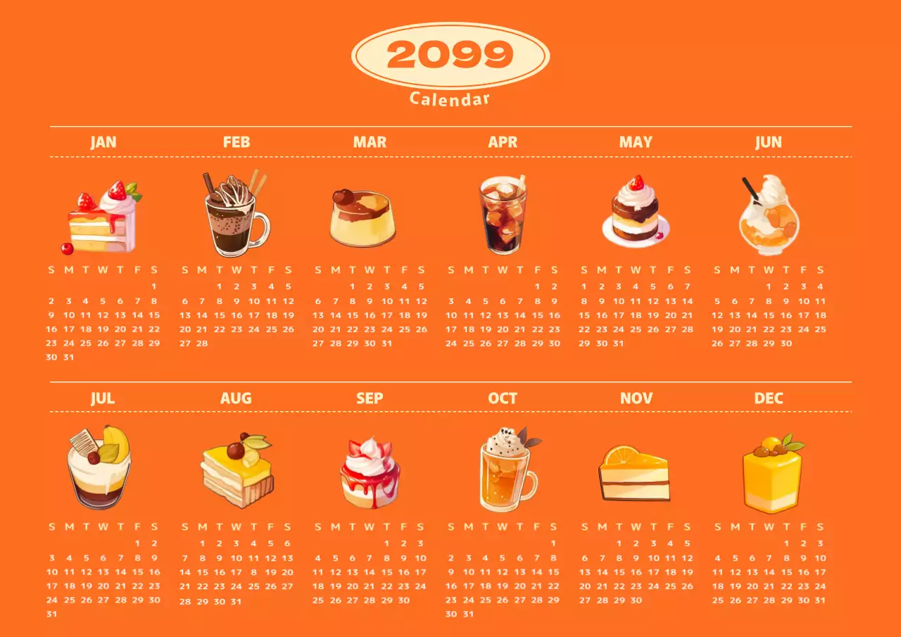 オレンジ かわいい デザート カレンダー ポスター