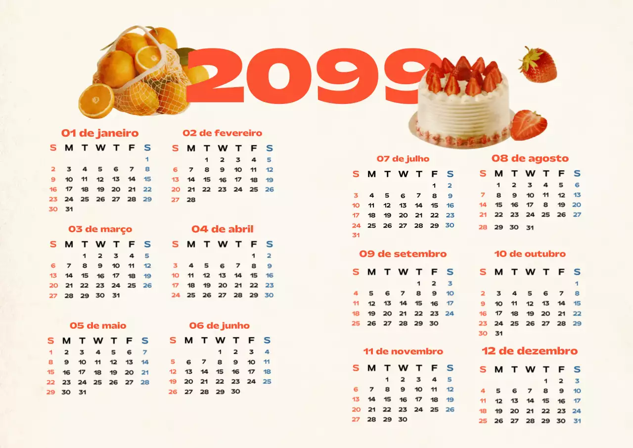 Calendário alimentar vintage de 1 ano em bege e vermelho