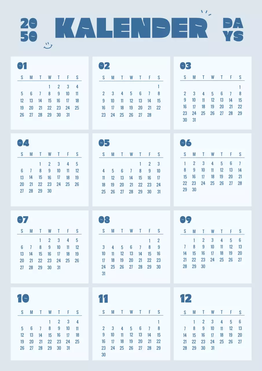 Einfacher quadratischer Kalender in Blau und Hellblau